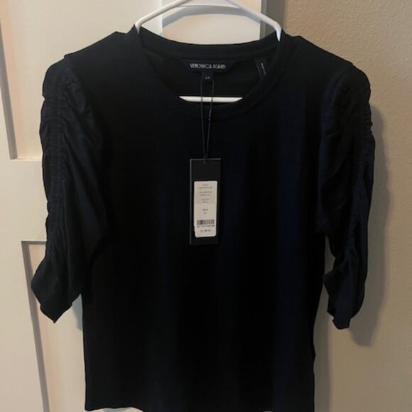 Veronica Beard Waldorf Ruched-Sleeve Slub T-Shirt Navy SMALL - Picture 5 of 7